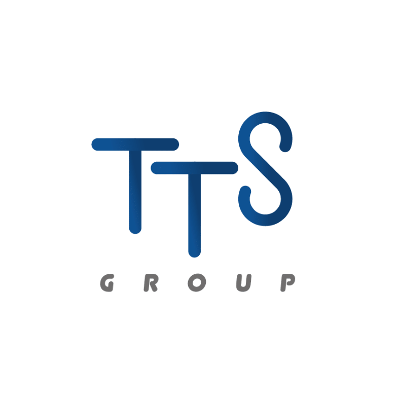 Logo van TTS Group in blauwe letters, met de ondertitel 'Group' in grijze tekst.